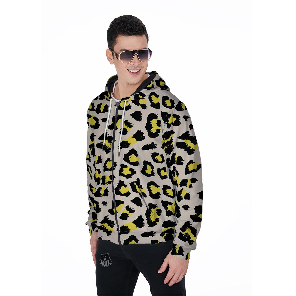 Leopard Print Men's Zip Up Hoodie-grizzshop