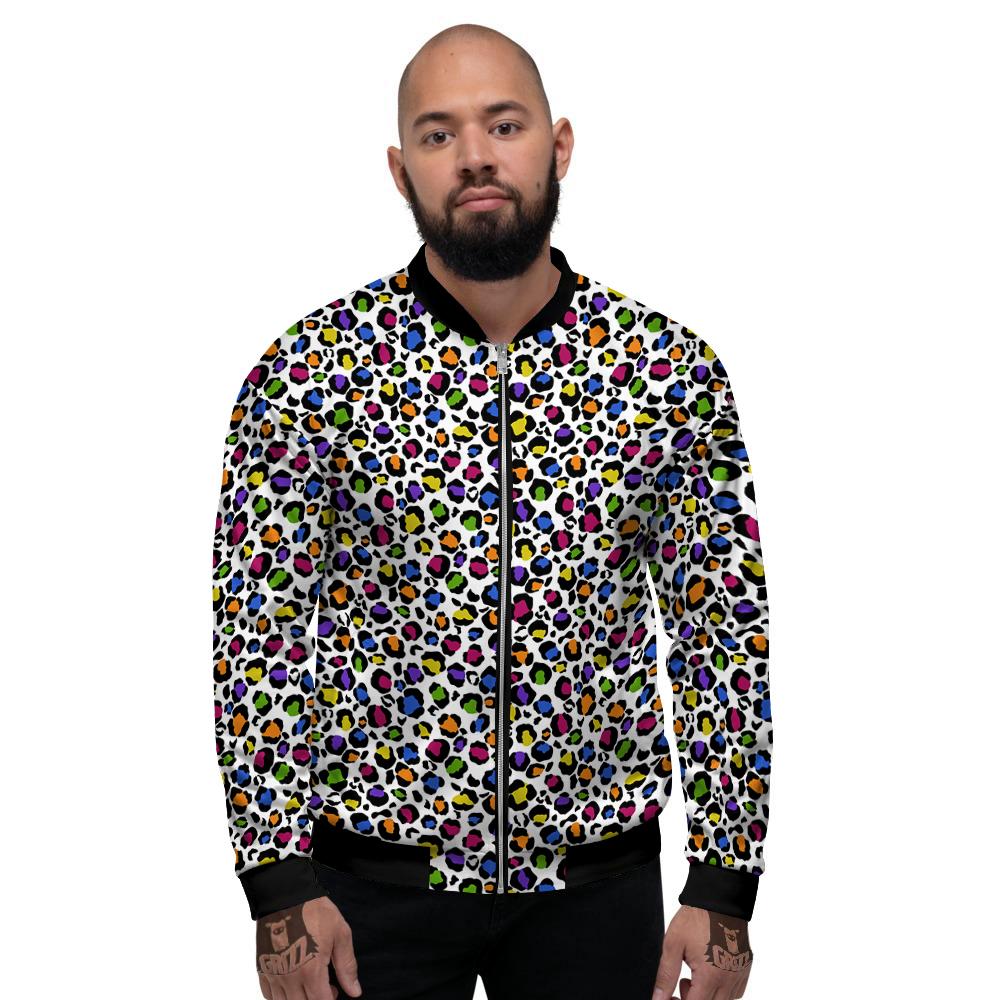 Leopard Rainbow And White Print Pattern Men's Bomber Jacket-grizzshop