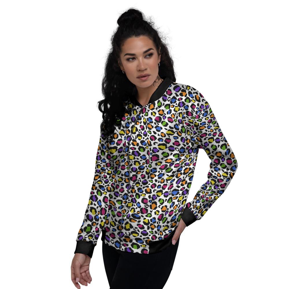 Leopard Rainbow And White Print Pattern Women's Bomber Jacket-grizzshop