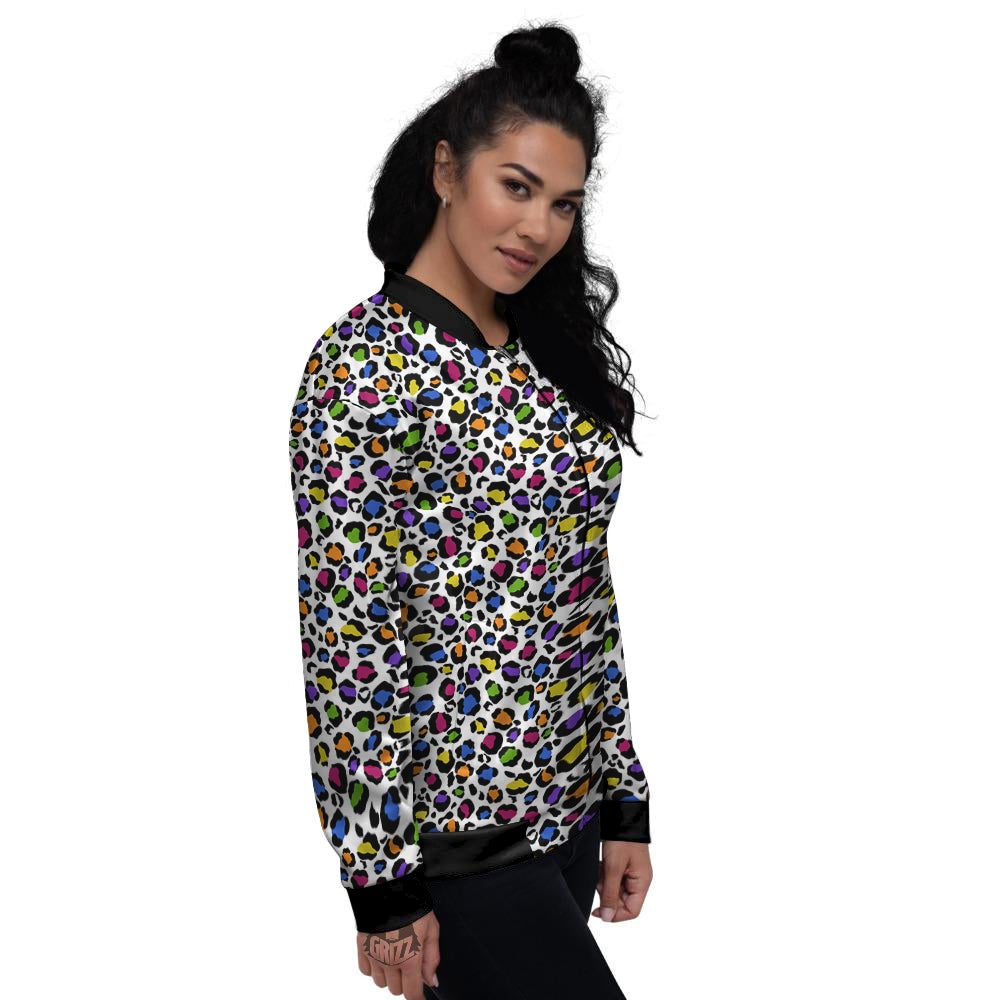 Leopard Rainbow And White Print Pattern Women's Bomber Jacket-grizzshop