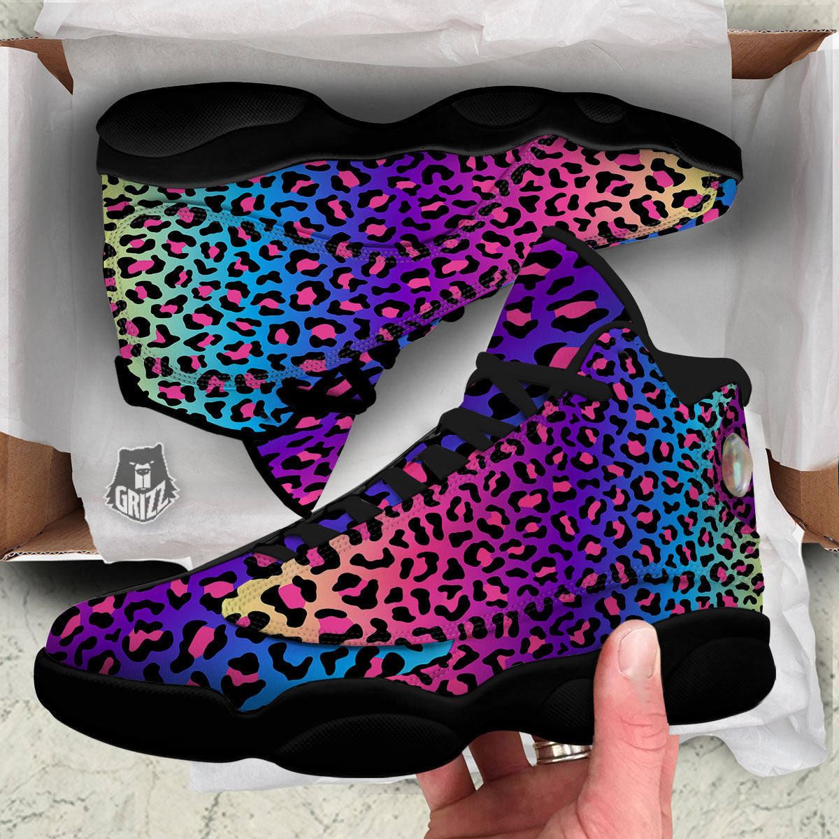 Leopard Rainbow Print Black Basketball Shoes-grizzshop