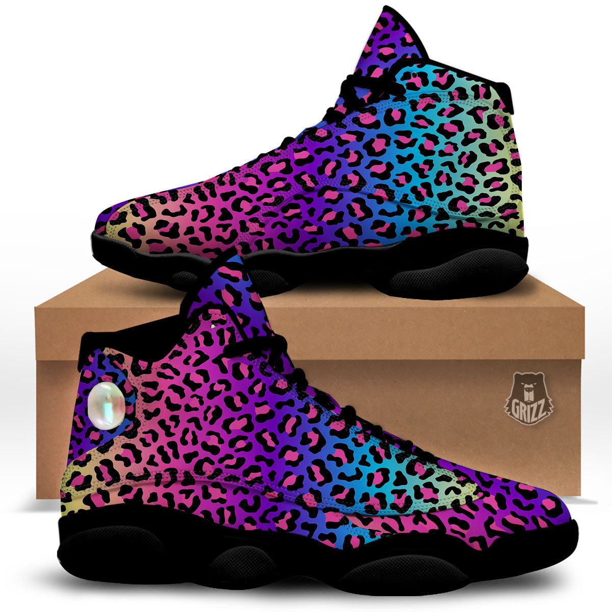 Leopard Rainbow Print Black Basketball Shoes-grizzshop