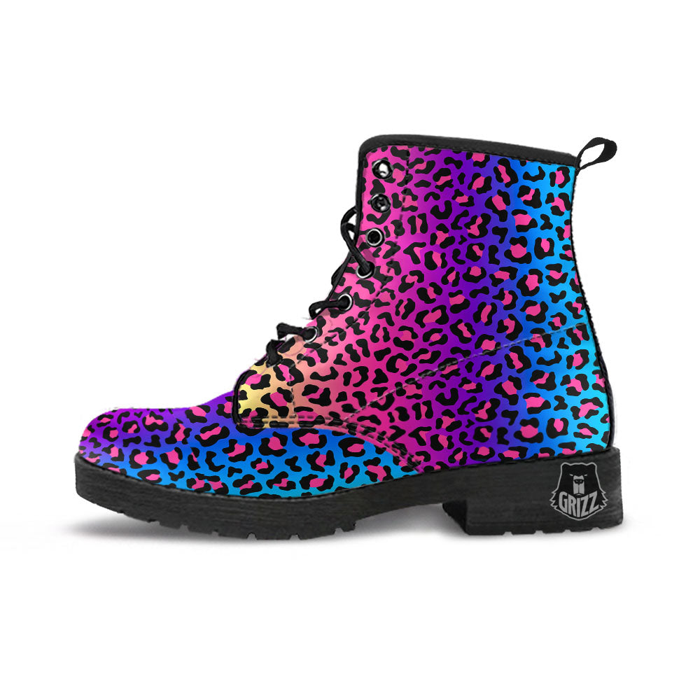 Leopard Rainbow Print Leather Boots-grizzshop