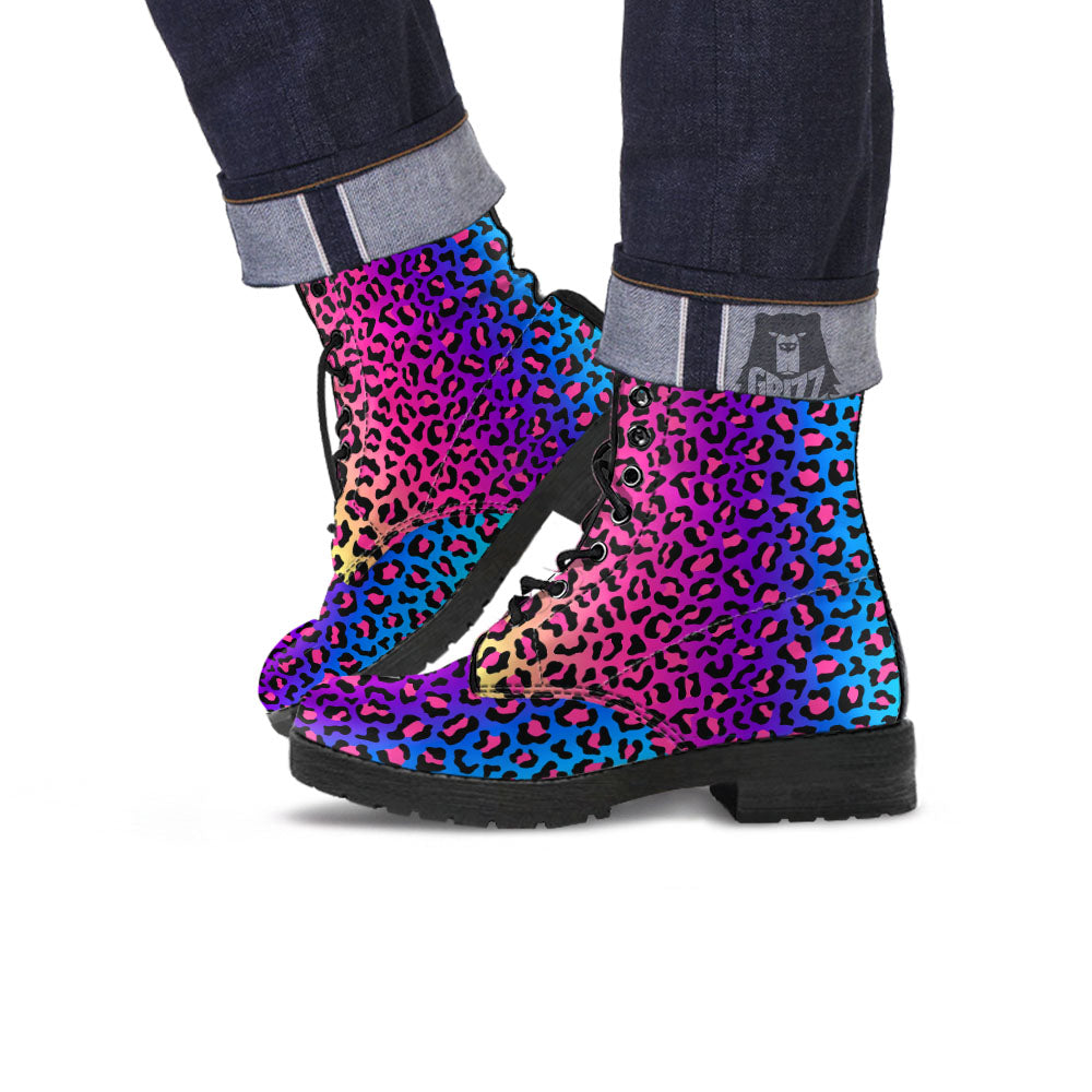 Leopard Rainbow Print Leather Boots-grizzshop