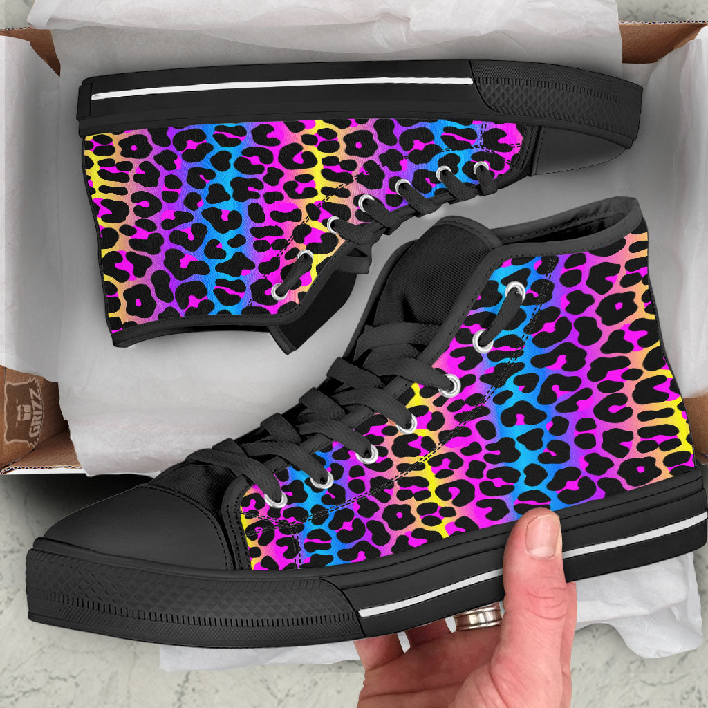 Leopard Rainbow Print Pattern Black High Top Shoes-grizzshop