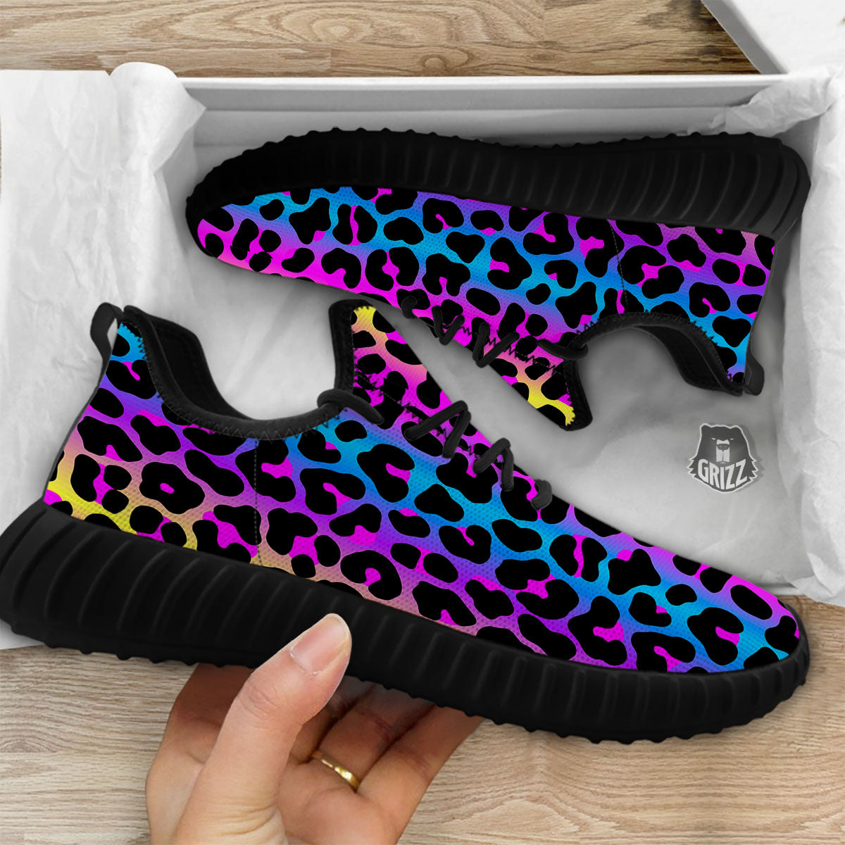 Leopard Rainbow Print Pattern Black Walking Shoes-grizzshop