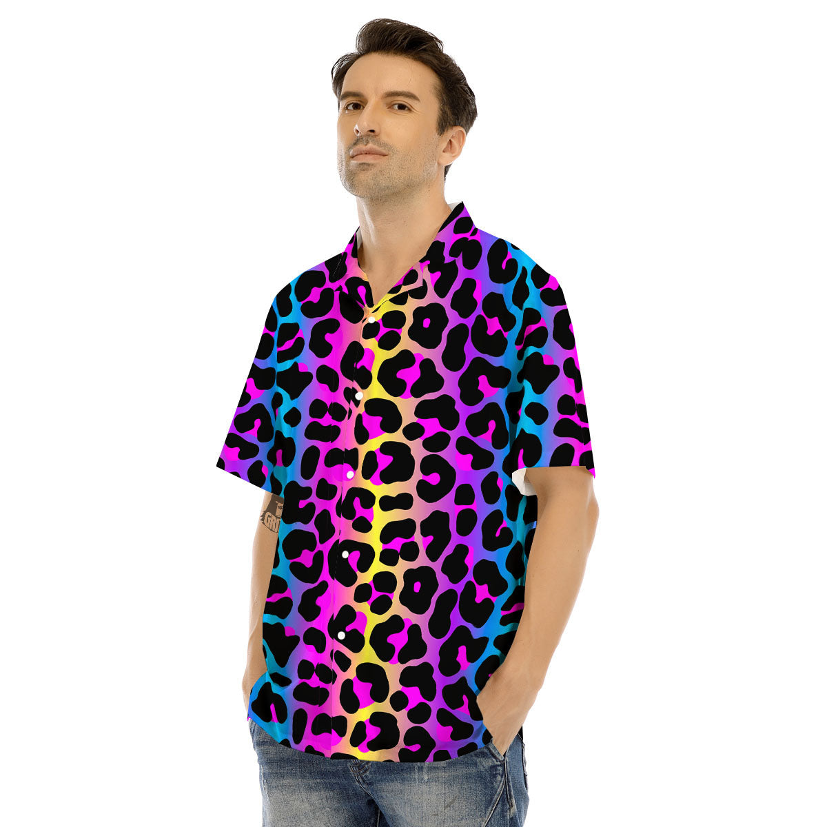 Leopard Rainbow Print Pattern Men's Hawaiian Shirt-grizzshop