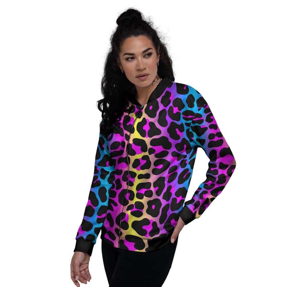 Leopard Rainbow Print Pattern Women's Bomber Jacket-grizzshop