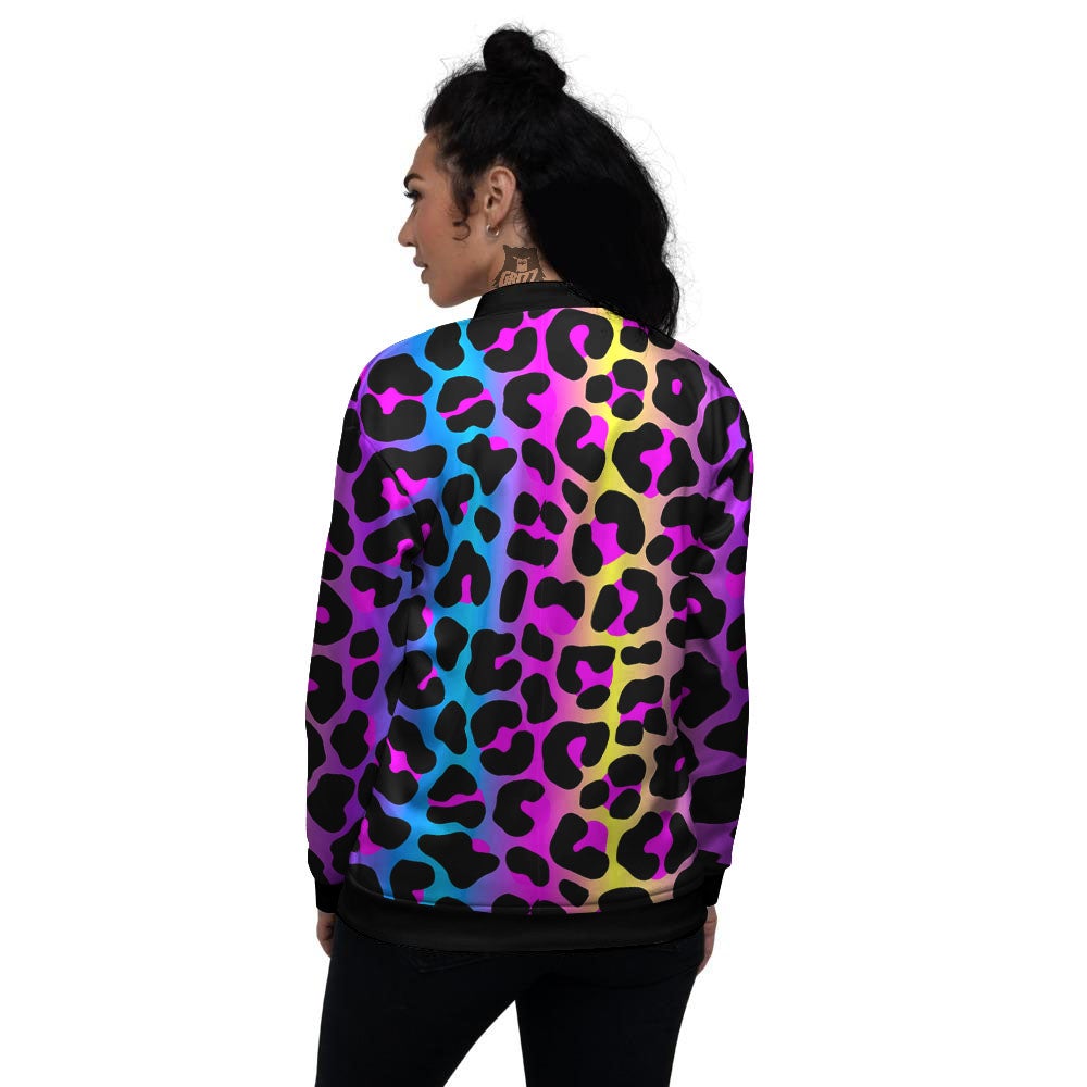 Leopard Rainbow Print Pattern Women's Bomber Jacket-grizzshop