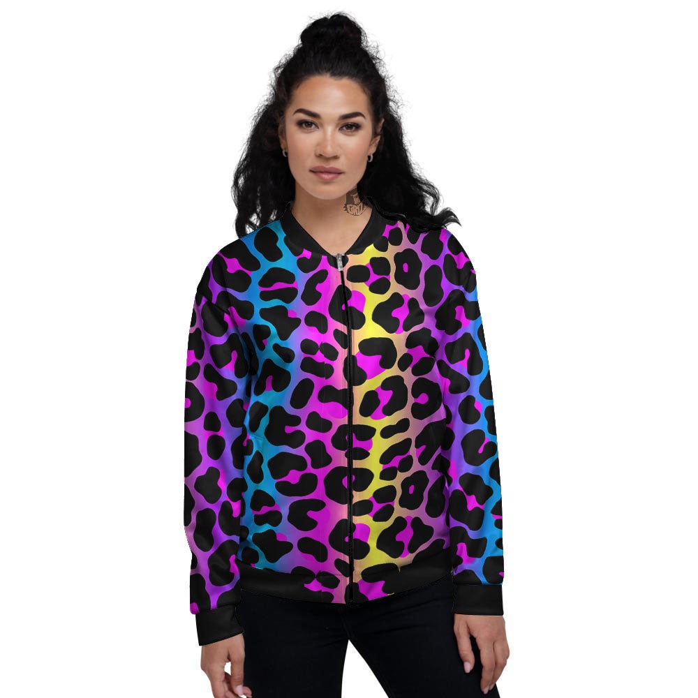 Leopard Rainbow Print Pattern Women's Bomber Jacket-grizzshop