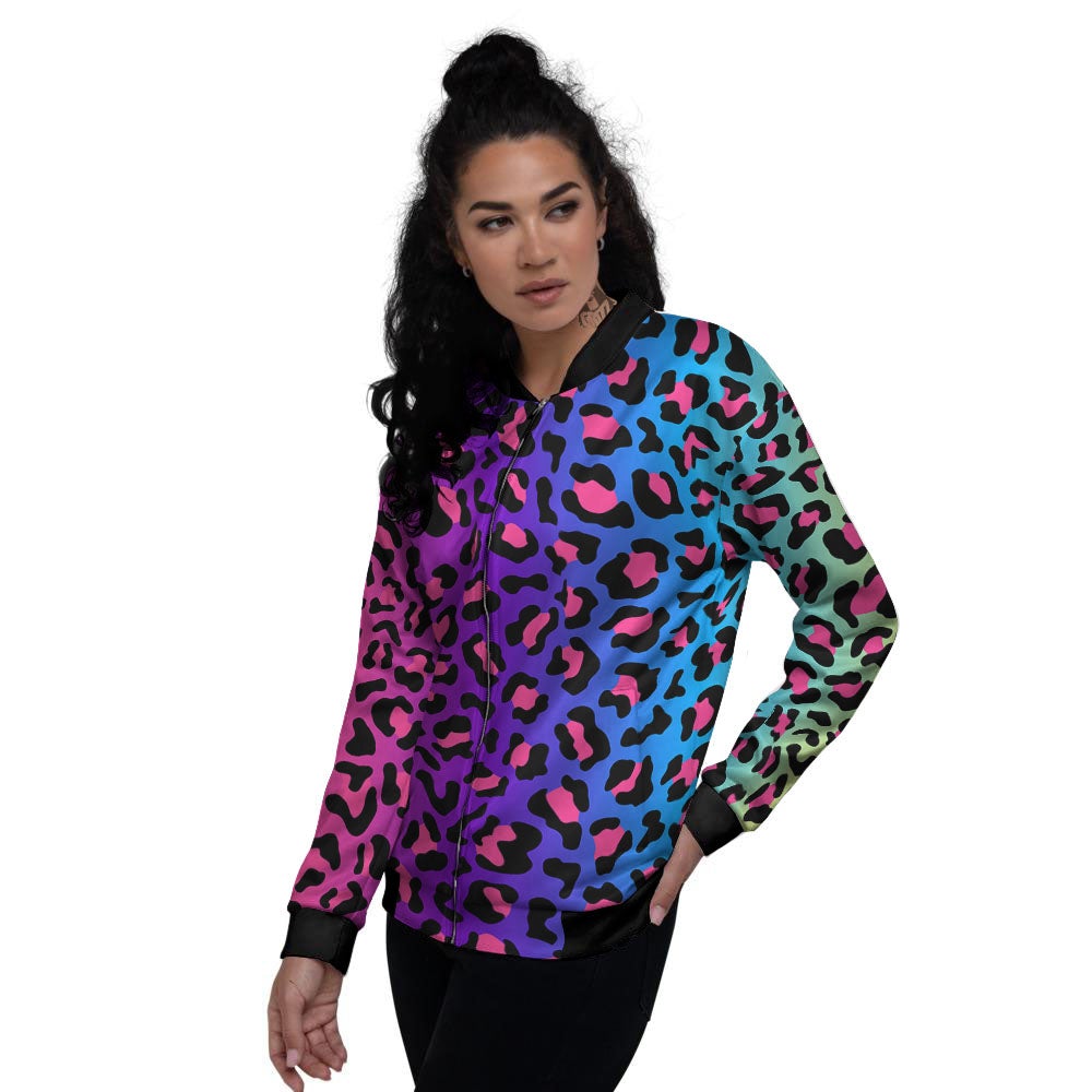 Leopard Rainbow Print Women's Bomber Jacket-grizzshop
