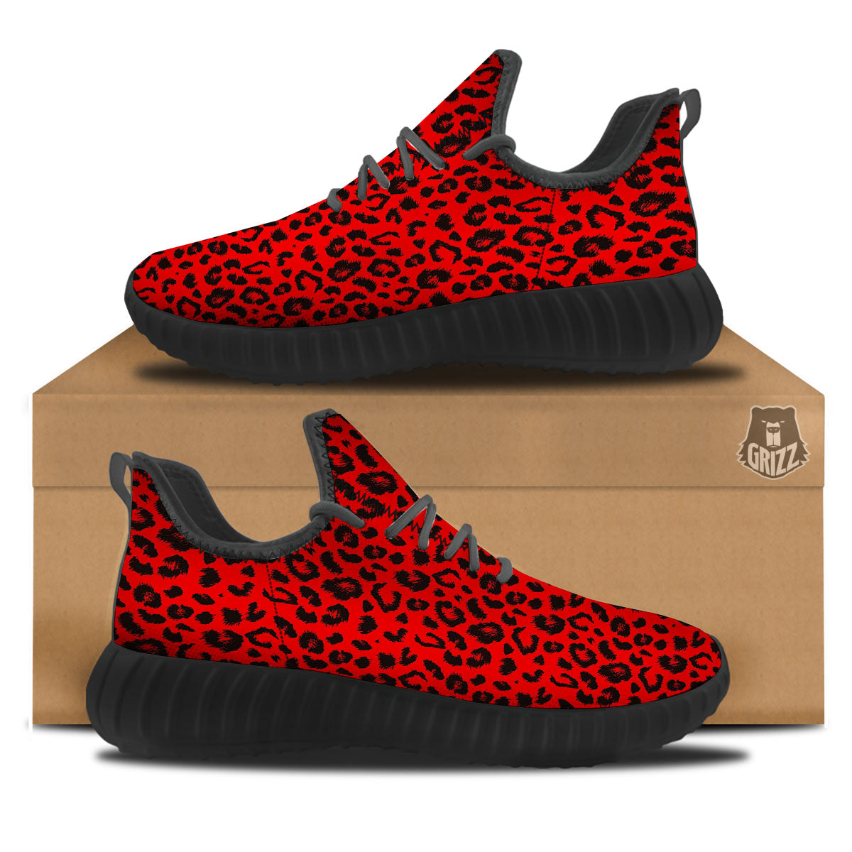Leopard Red Print Pattern Black Walking Shoes-grizzshop