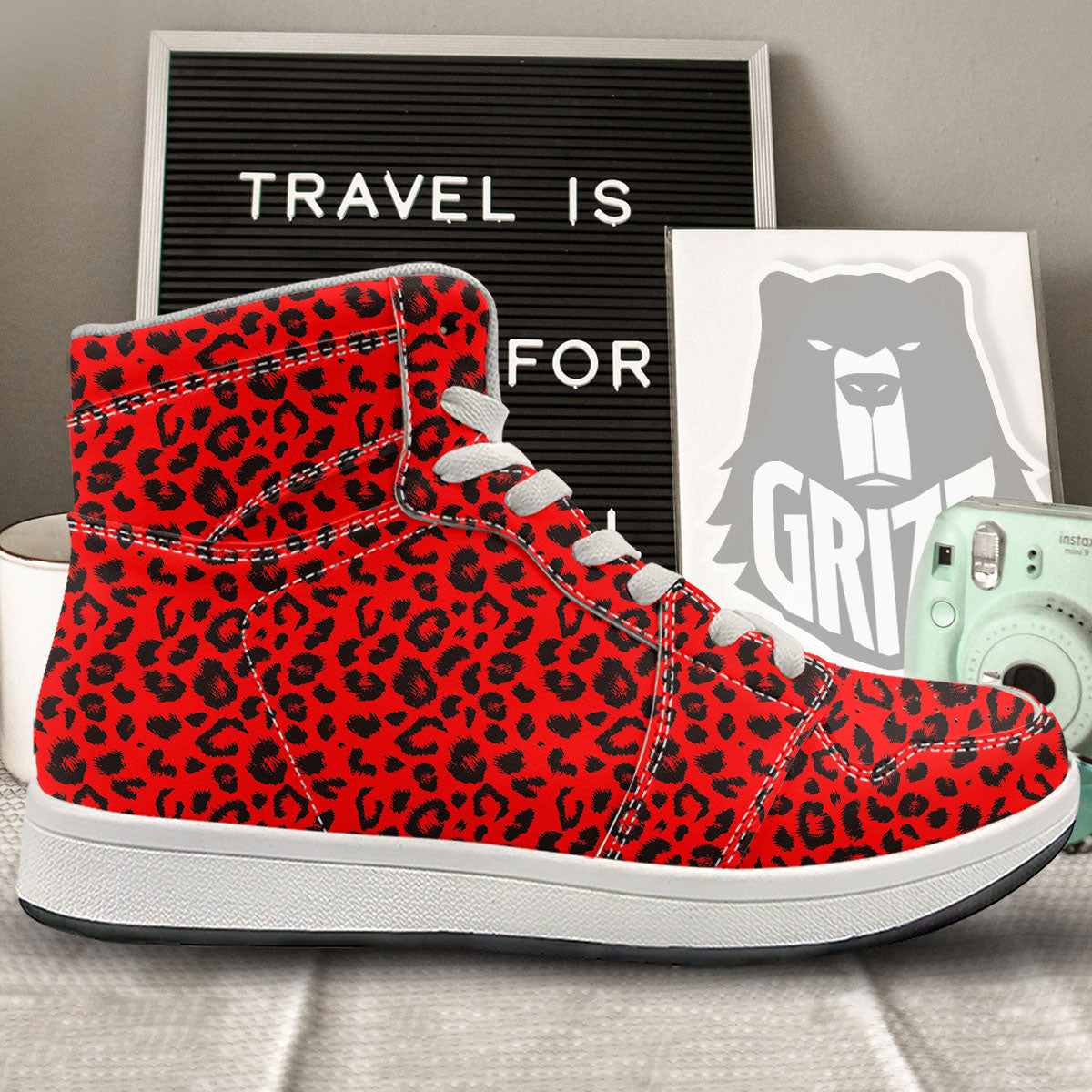 Leopard Red Print Pattern High Top Sneakers-grizzshop
