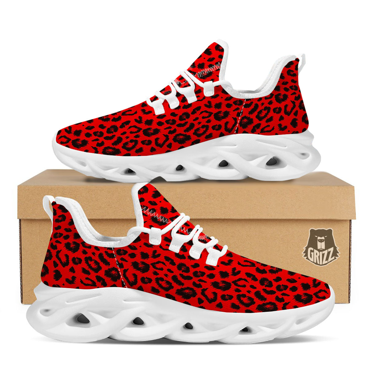 Leopard Red Print Pattern White Running Shoes-grizzshop