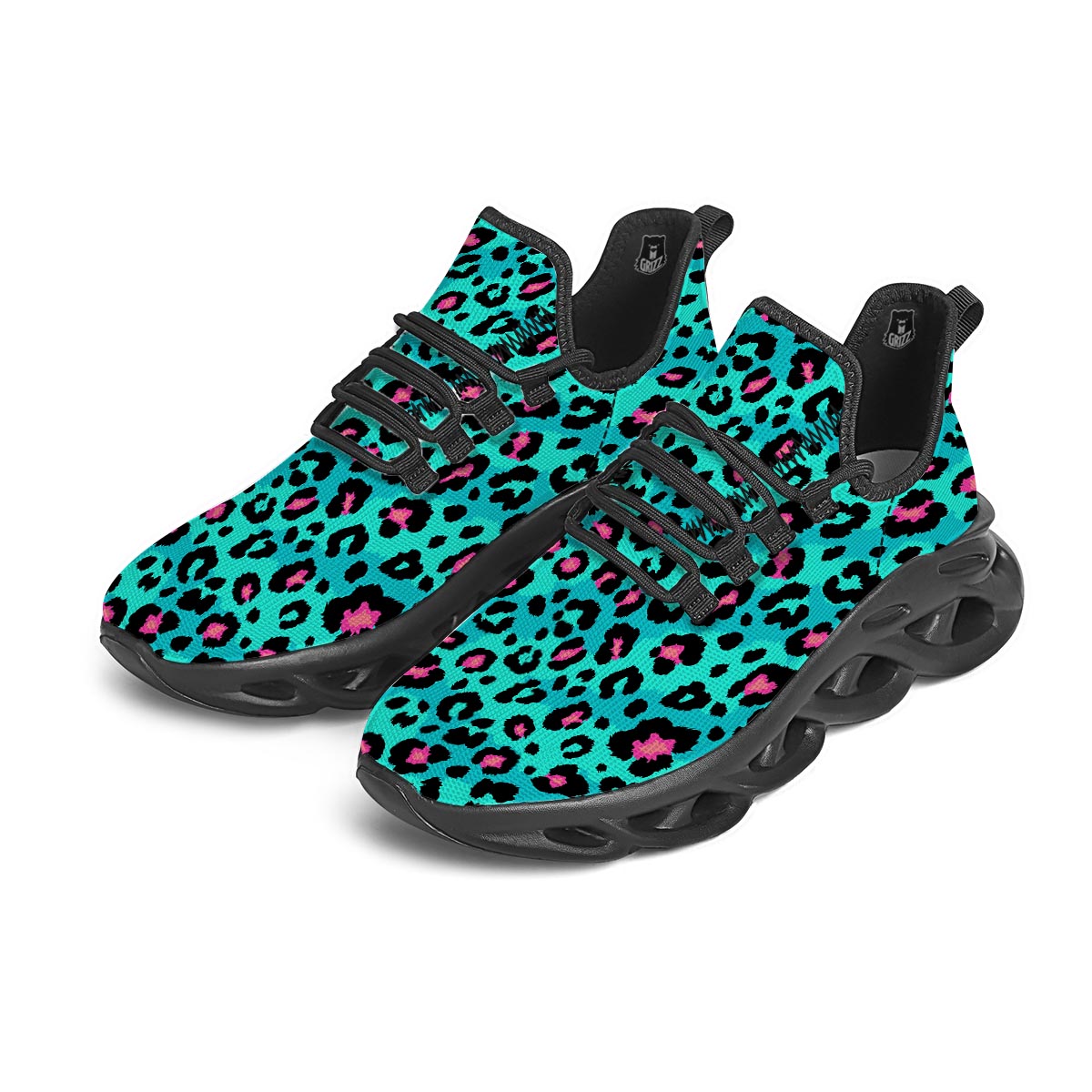 Leopard Teal Print Black Running Shoes-grizzshop