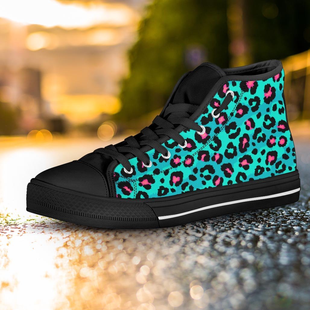 Leopard Teal Print Women's High Top Shoes-grizzshop
