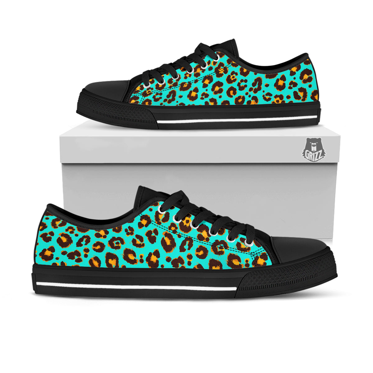 Leopard Turquoise Print Pattern Black Low Top Shoes-grizzshop