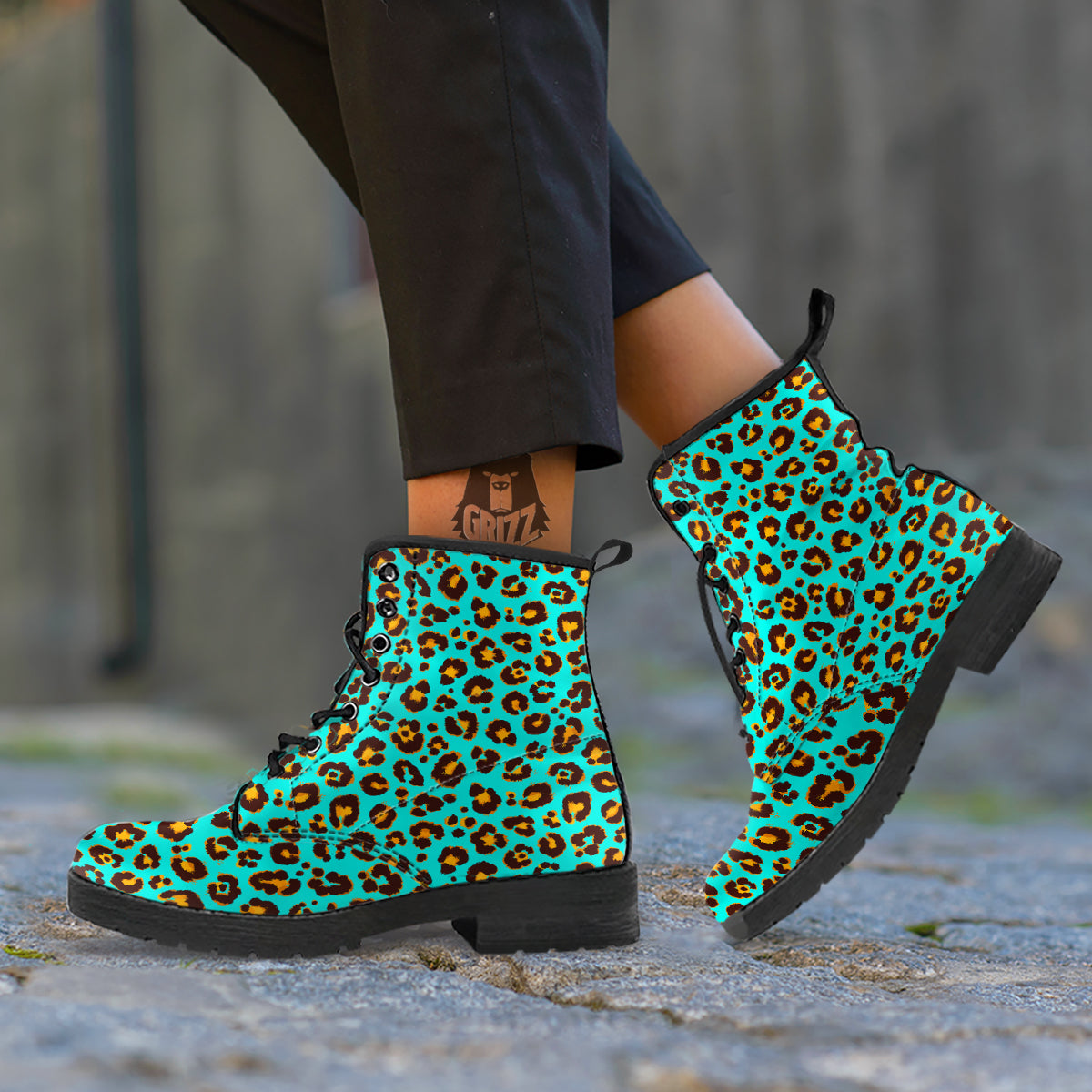 Leopard Turquoise Print Pattern Leather Boots-grizzshop