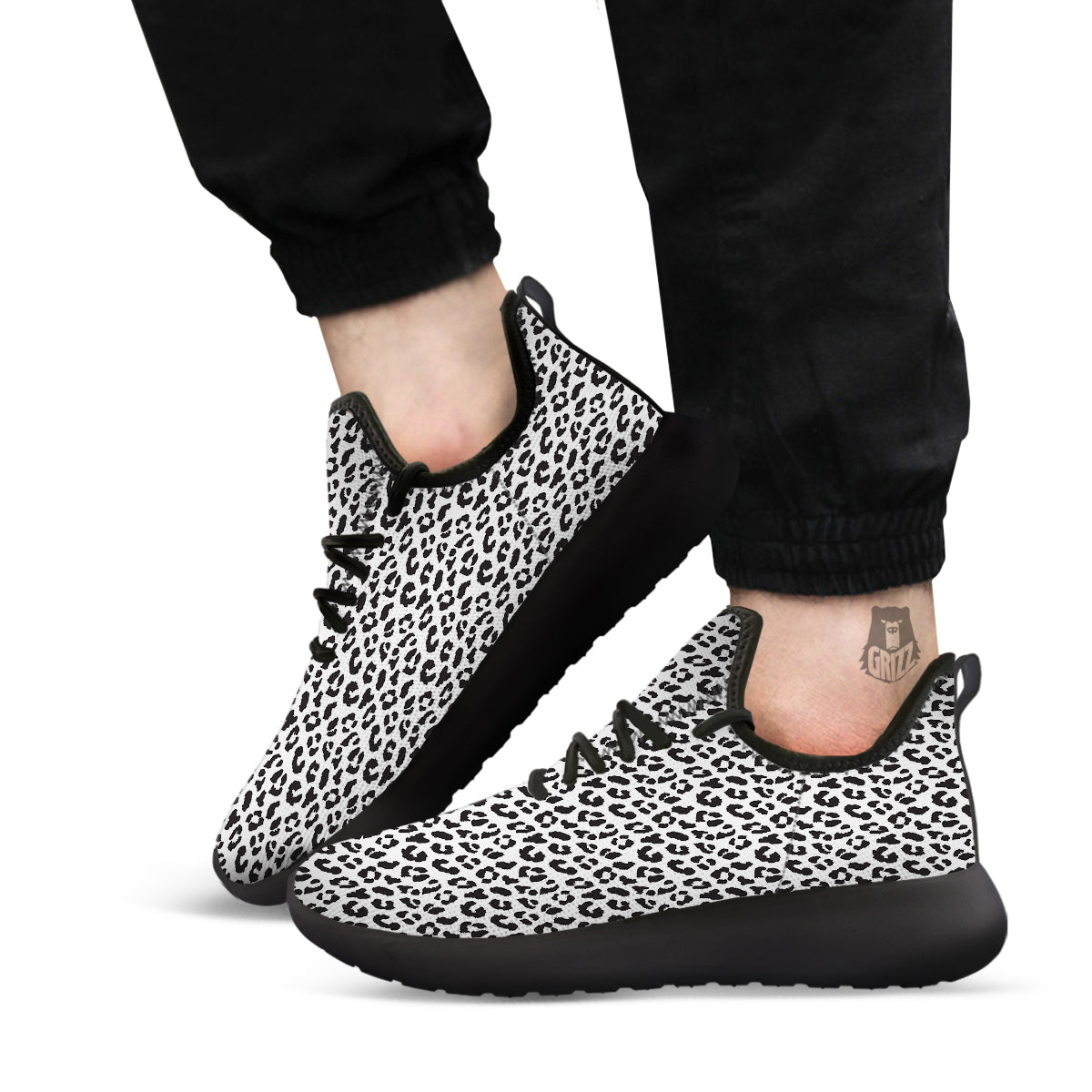 Leopard White Print Pattern Black Athletic Shoes-grizzshop