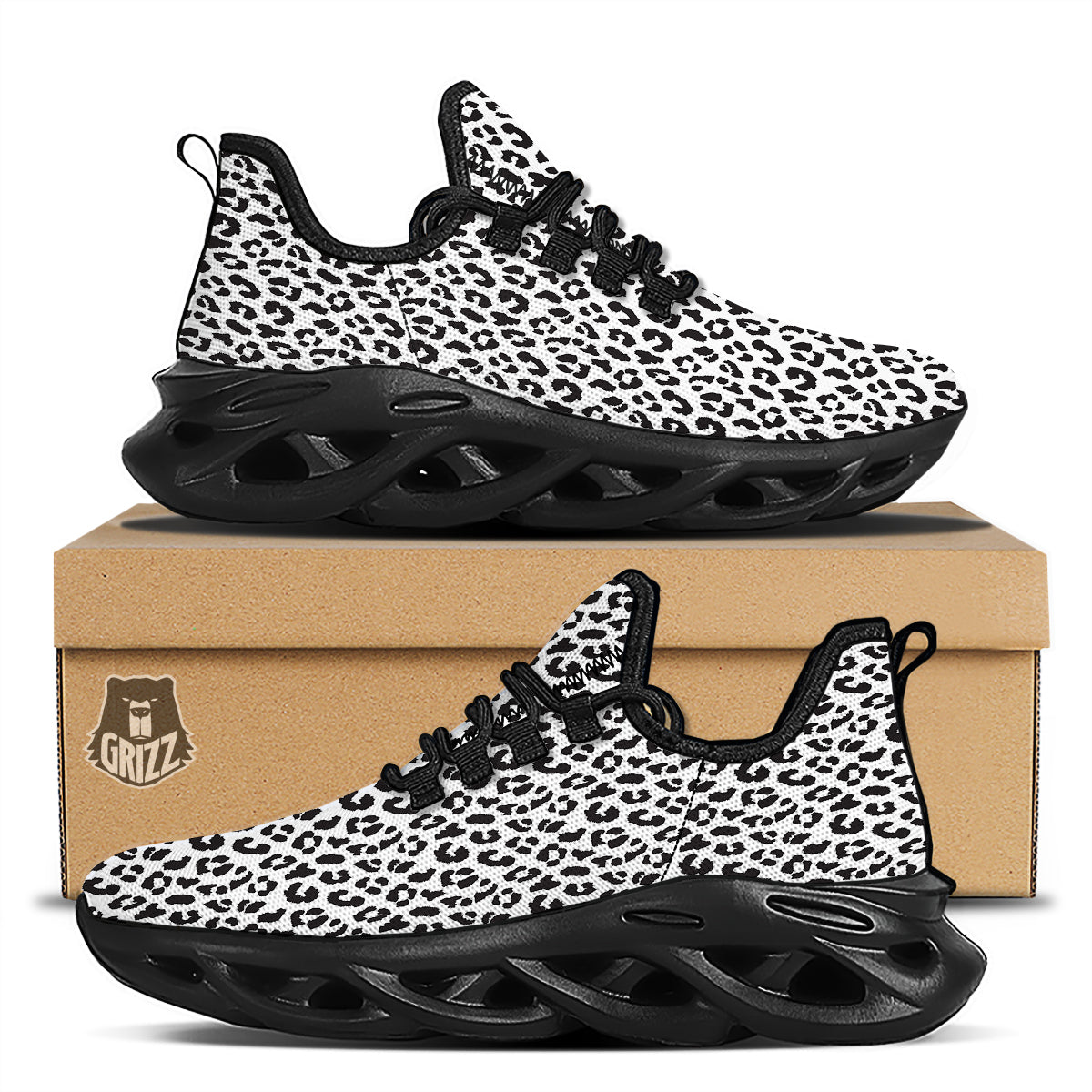 Leopard White Print Pattern Black Running Shoes-grizzshop