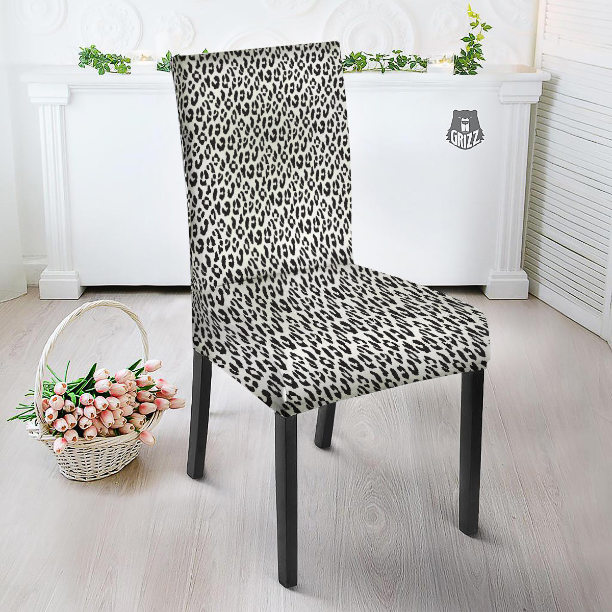 Leopard White Print Pattern Dining Chair Slipcover-grizzshop