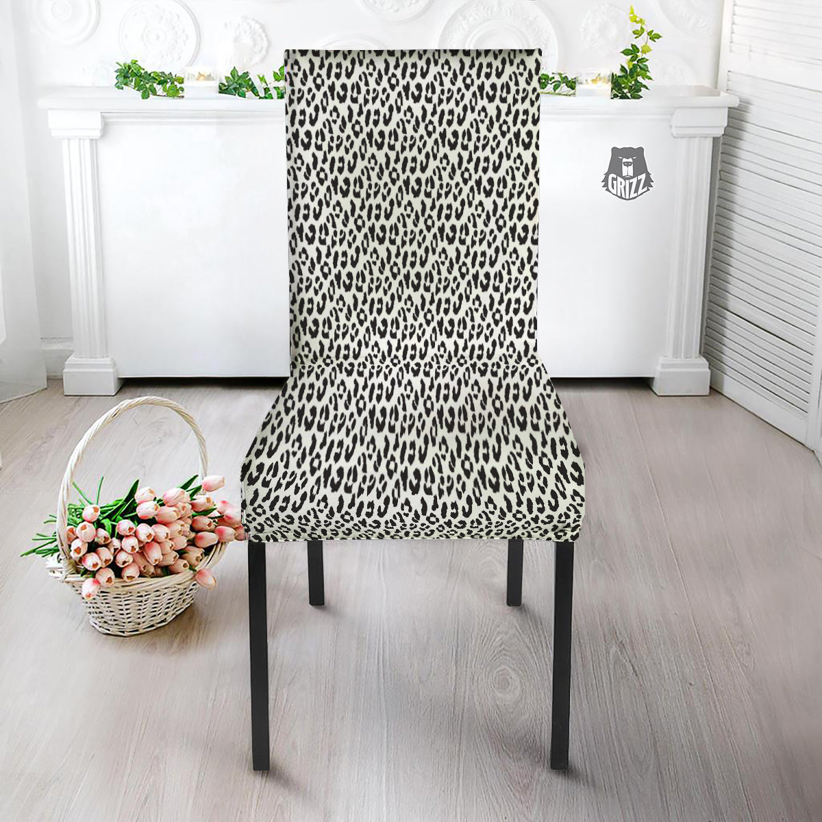Leopard White Print Pattern Dining Chair Slipcover-grizzshop