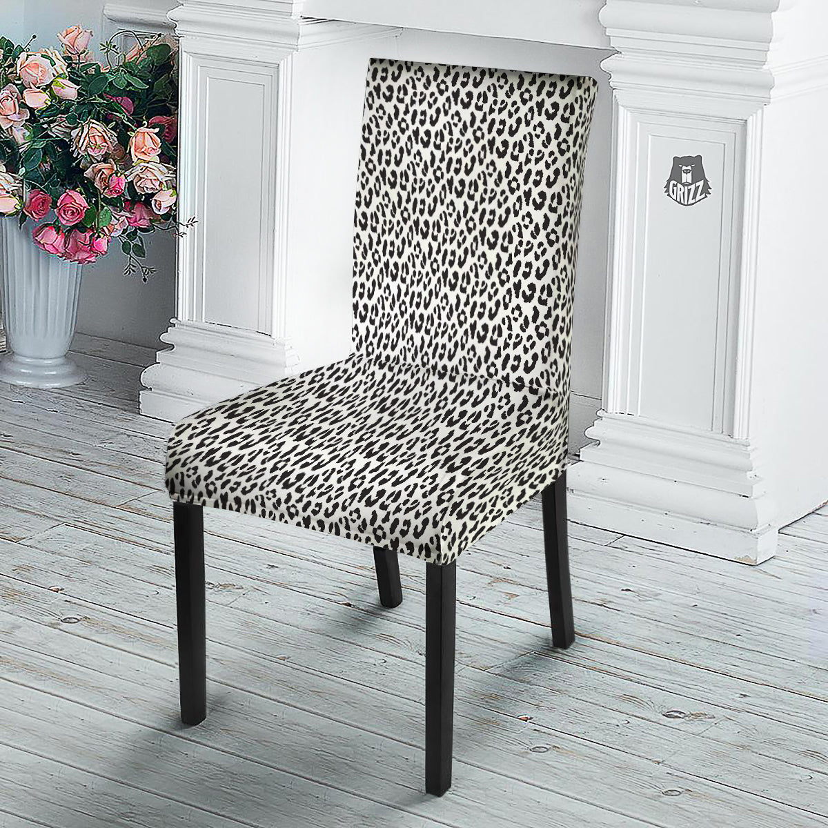 Leopard White Print Pattern Dining Chair Slipcover-grizzshop