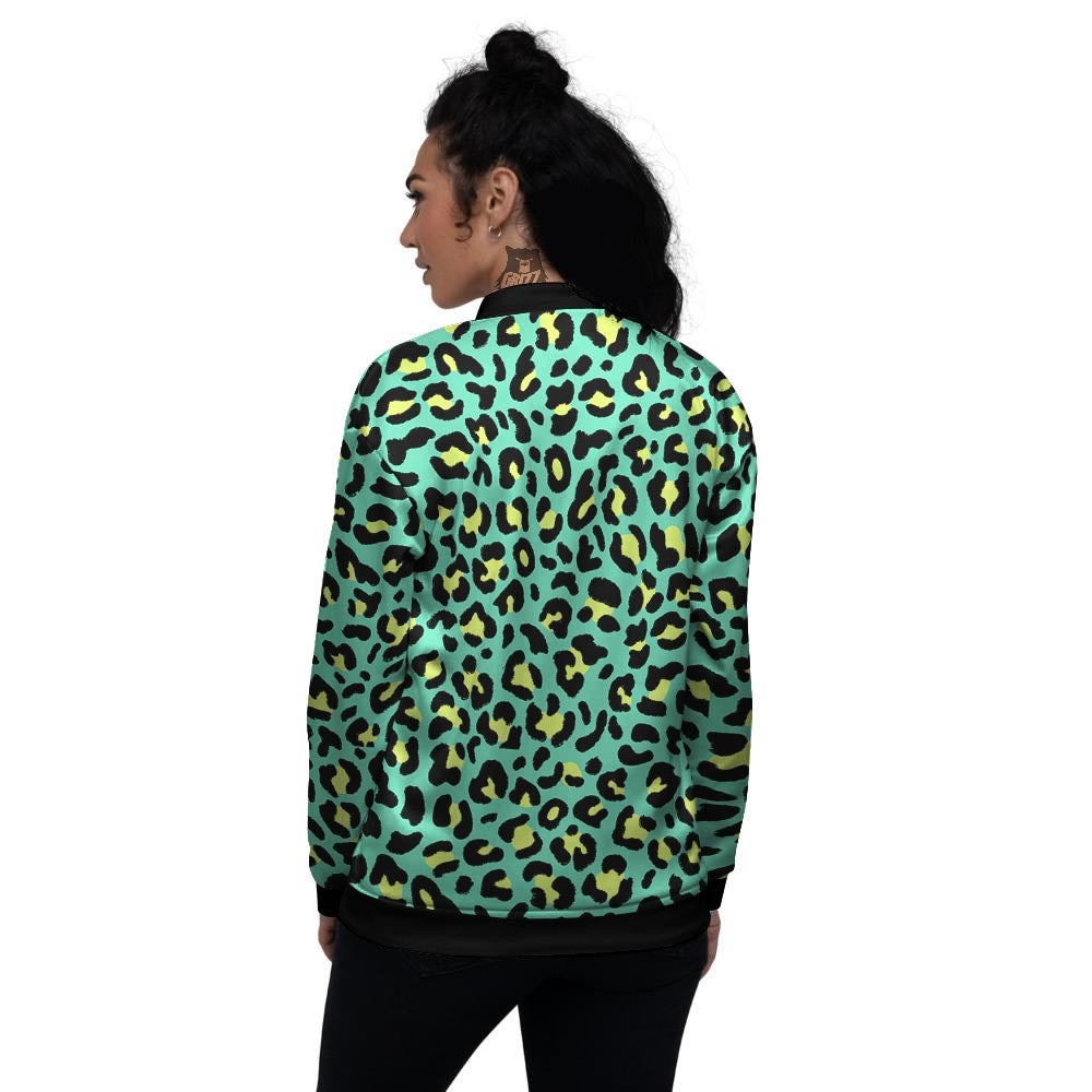 Leopard Yellow And Teal Print Pattern Women's Bomber Jacket-grizzshop
