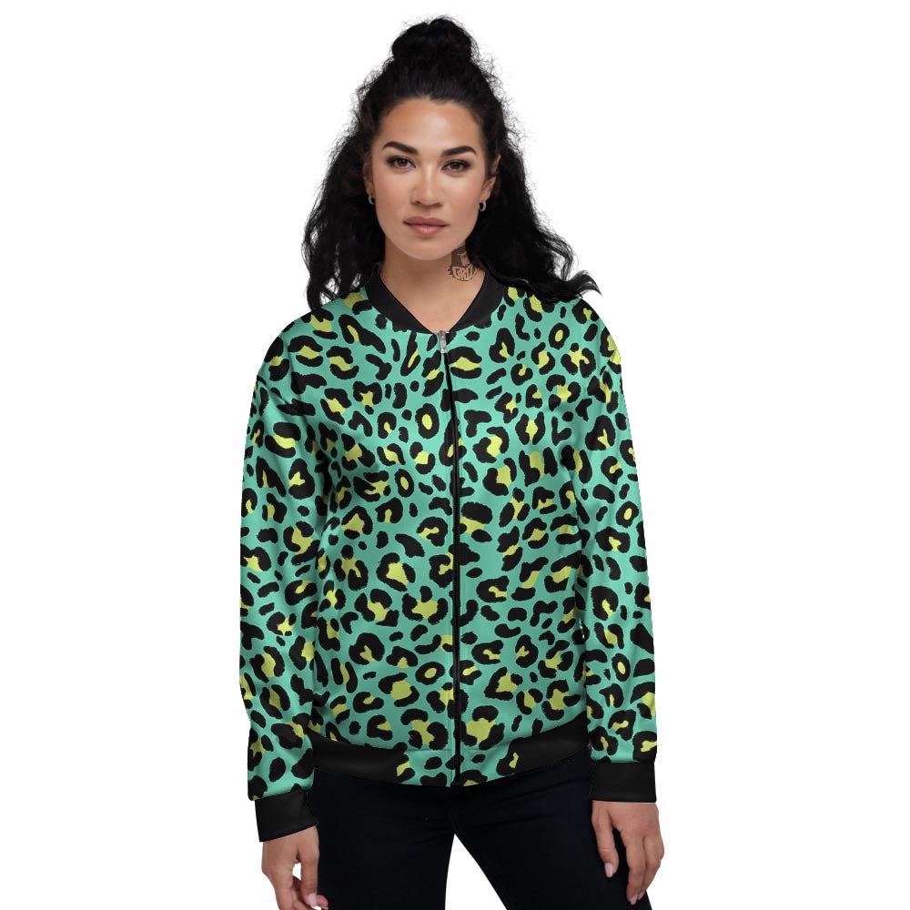 Leopard Yellow And Teal Print Pattern Women's Bomber Jacket-grizzshop