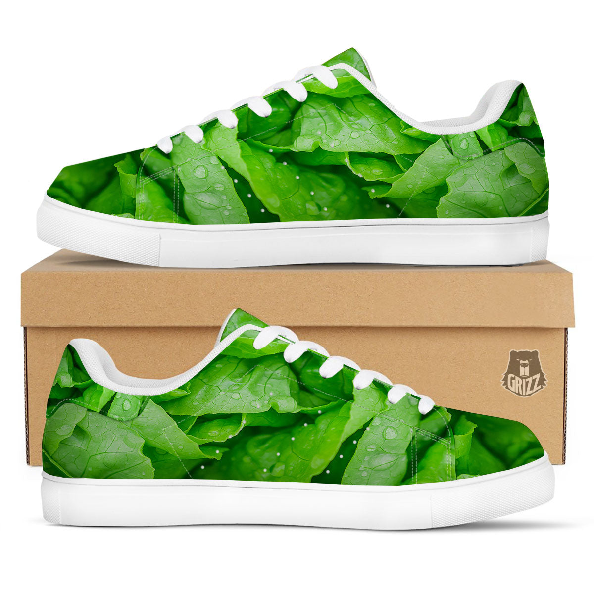 Lettuce Fresh Leaves Print White Low Top Sneakers-grizzshop
