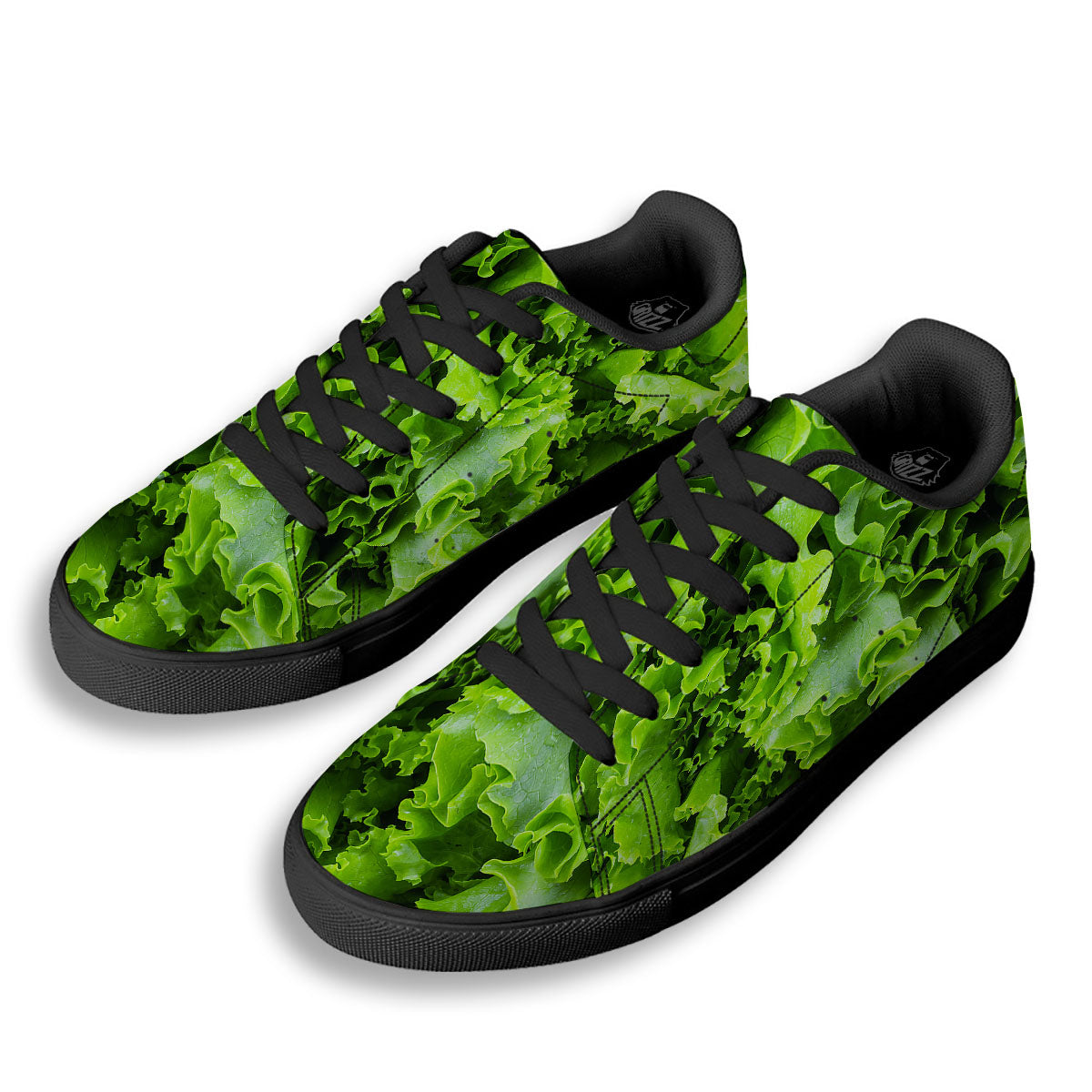 Lettuce Green Leaves Print Black Low Top Sneakers-grizzshop