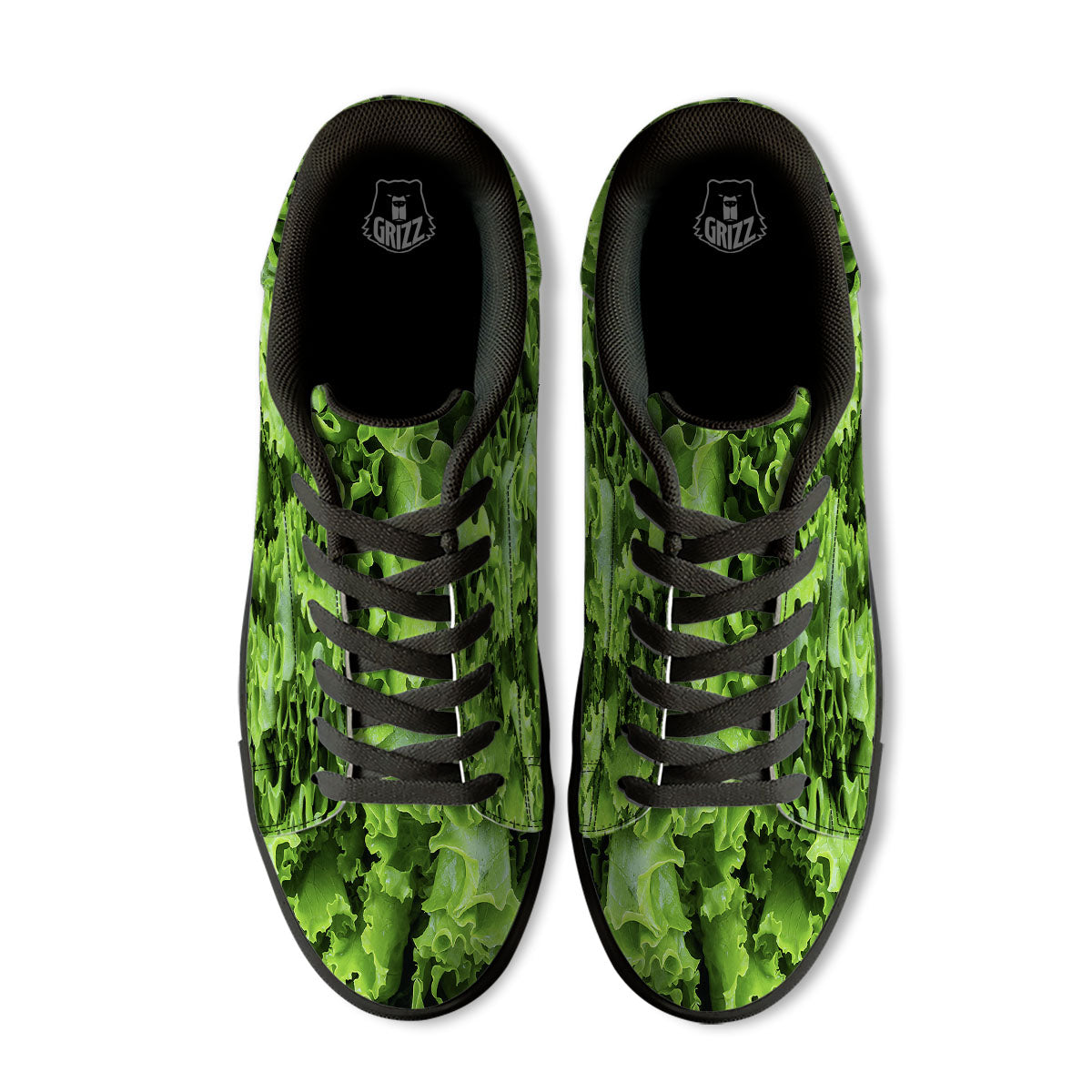 Lettuce Green Leaves Print Black Low Top Sneakers-grizzshop