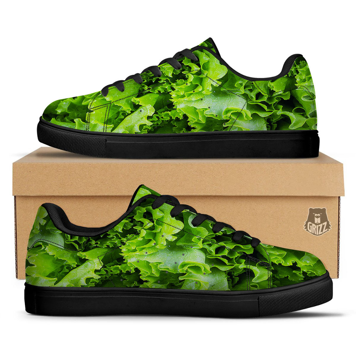Lettuce Green Leaves Print Black Low Top Sneakers-grizzshop