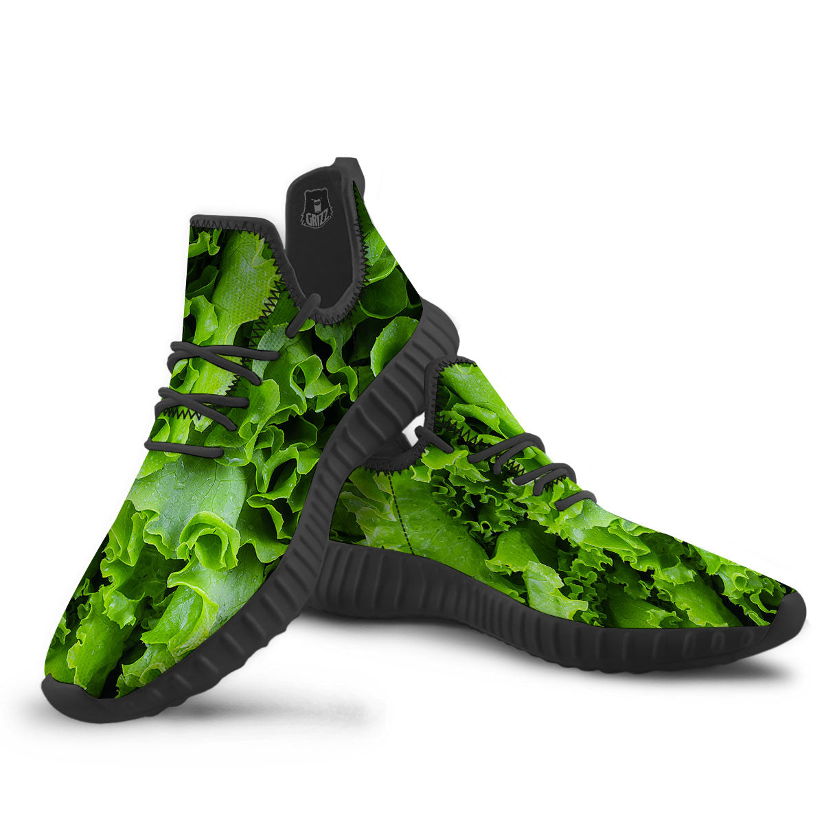Lettuce Green Leaves Print Black Walking Shoes-grizzshop