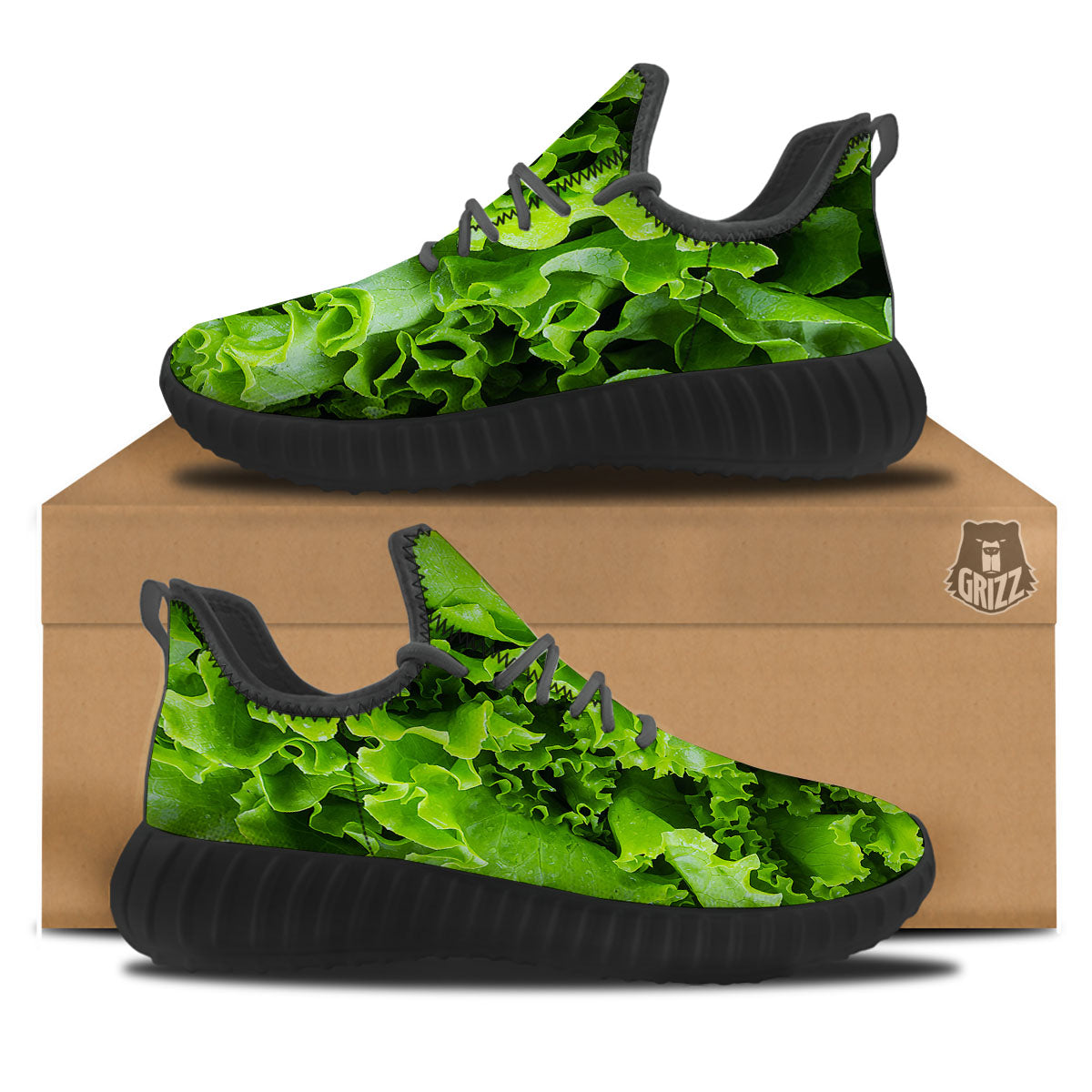 Lettuce Green Leaves Print Black Walking Shoes-grizzshop