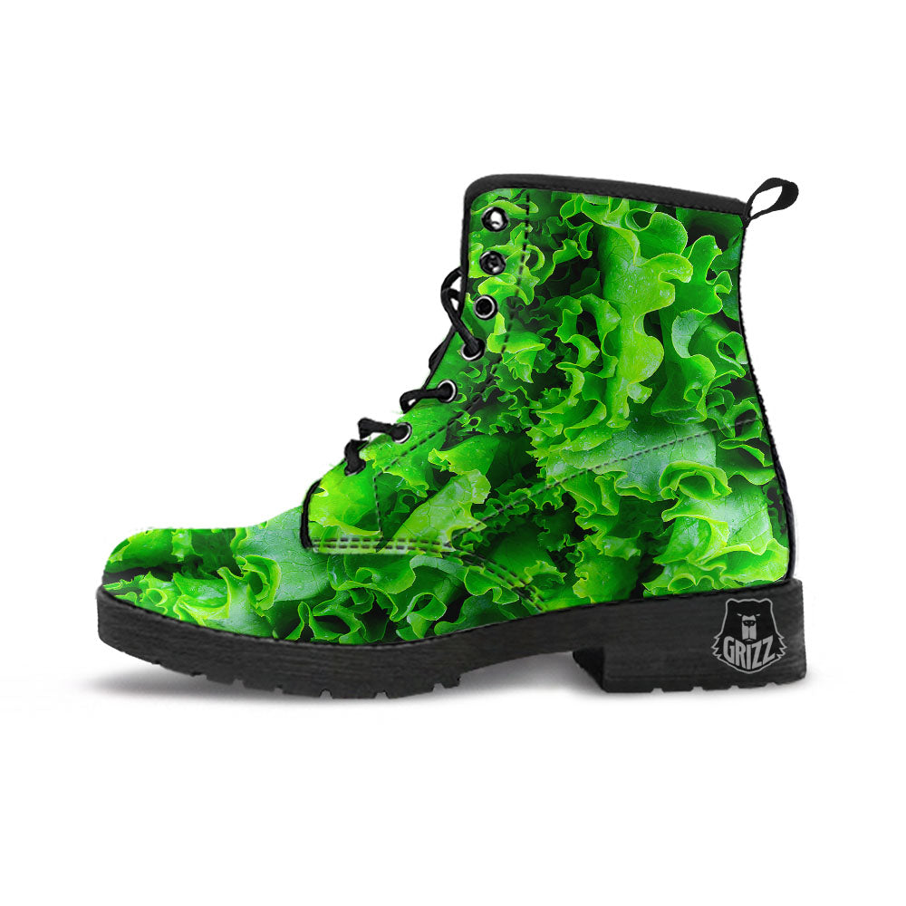 Lettuce Green Leaves Print Leather Boots-grizzshop