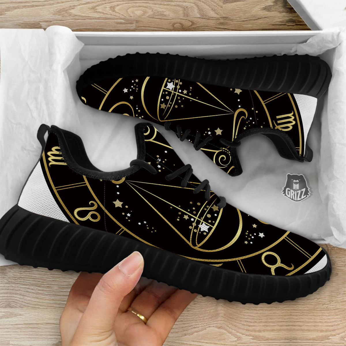 Libra Sign Black And Gold Print Black Walking Shoes-grizzshop