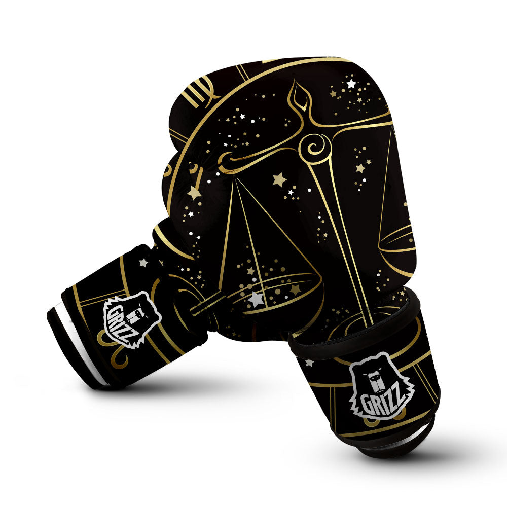 Libra Sign Black And Gold Print Boxing Gloves-grizzshop