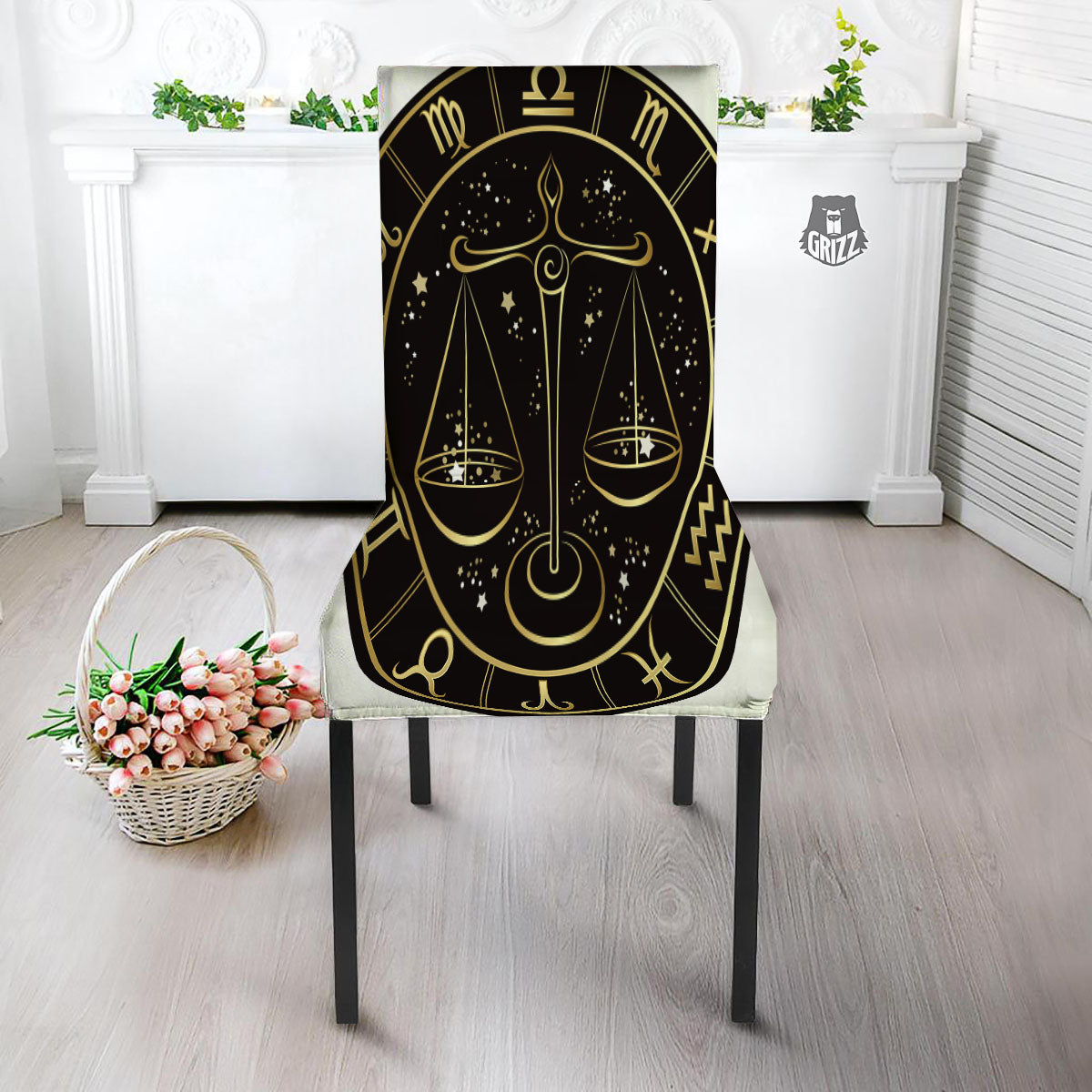 Libra Sign Black And Gold Print Dining Chair Slipcover-grizzshop