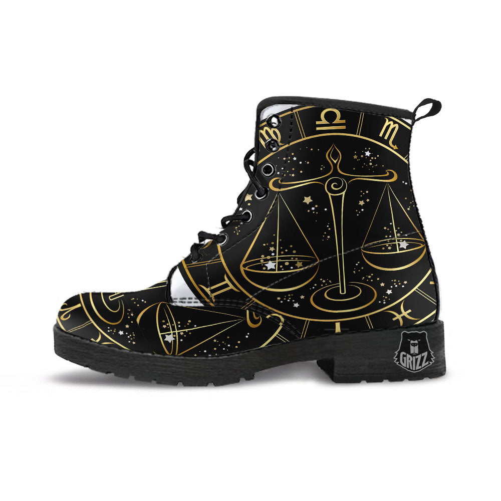 Libra Sign Black And Gold Print Leather Boots-grizzshop
