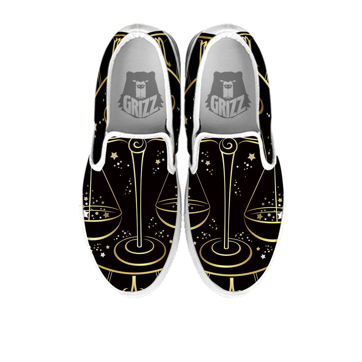 Libra Sign Black And Gold Print White Slip On Shoes-grizzshop