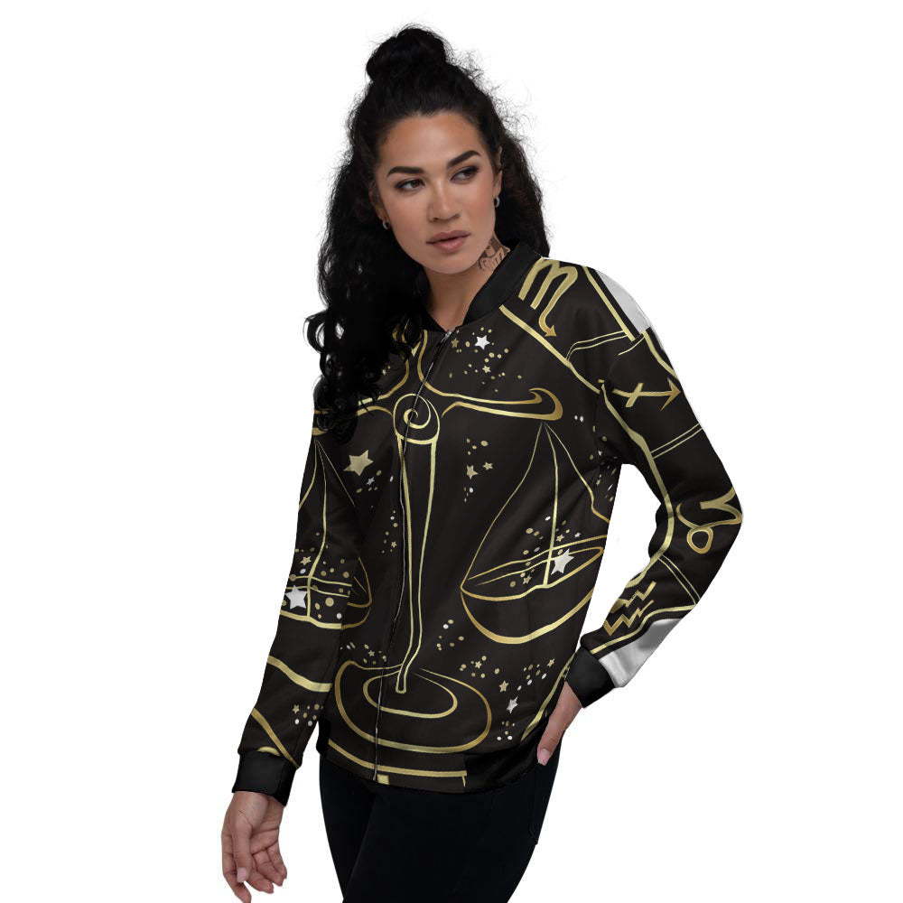 Libra Sign Black And Gold Print Women's Bomber Jacket-grizzshop
