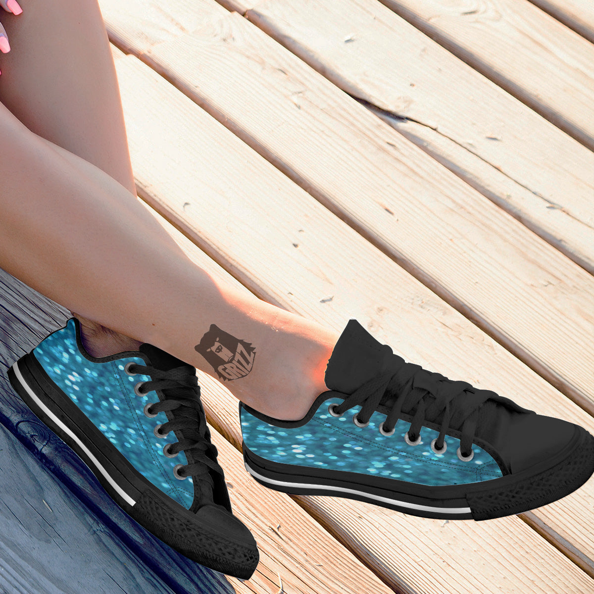 Light Blue Sparkle Print Black Low Top Shoes-grizzshop