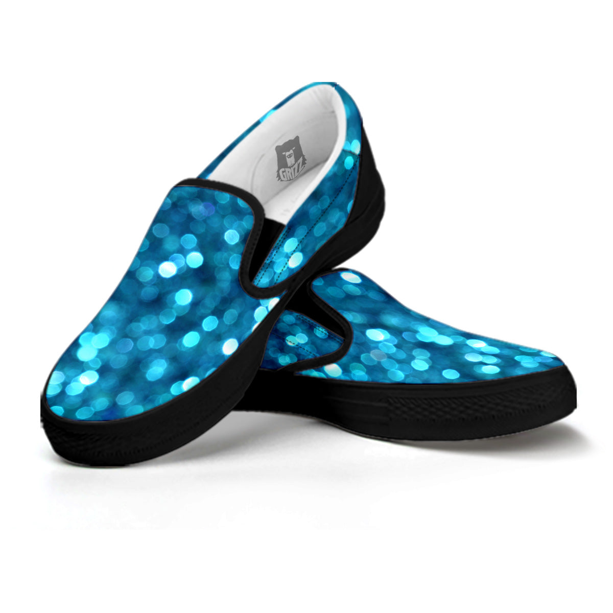 Light Blue Sparkle Print Black Slip On Shoes-grizzshop