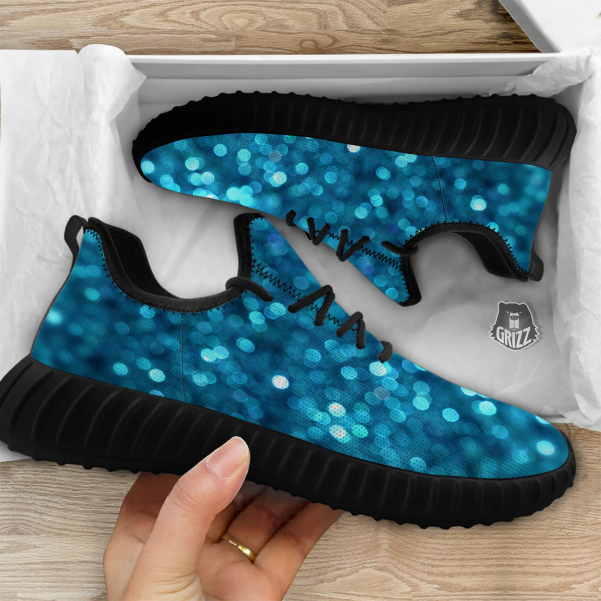 Light Blue Sparkle Print Black Walking Shoes-grizzshop