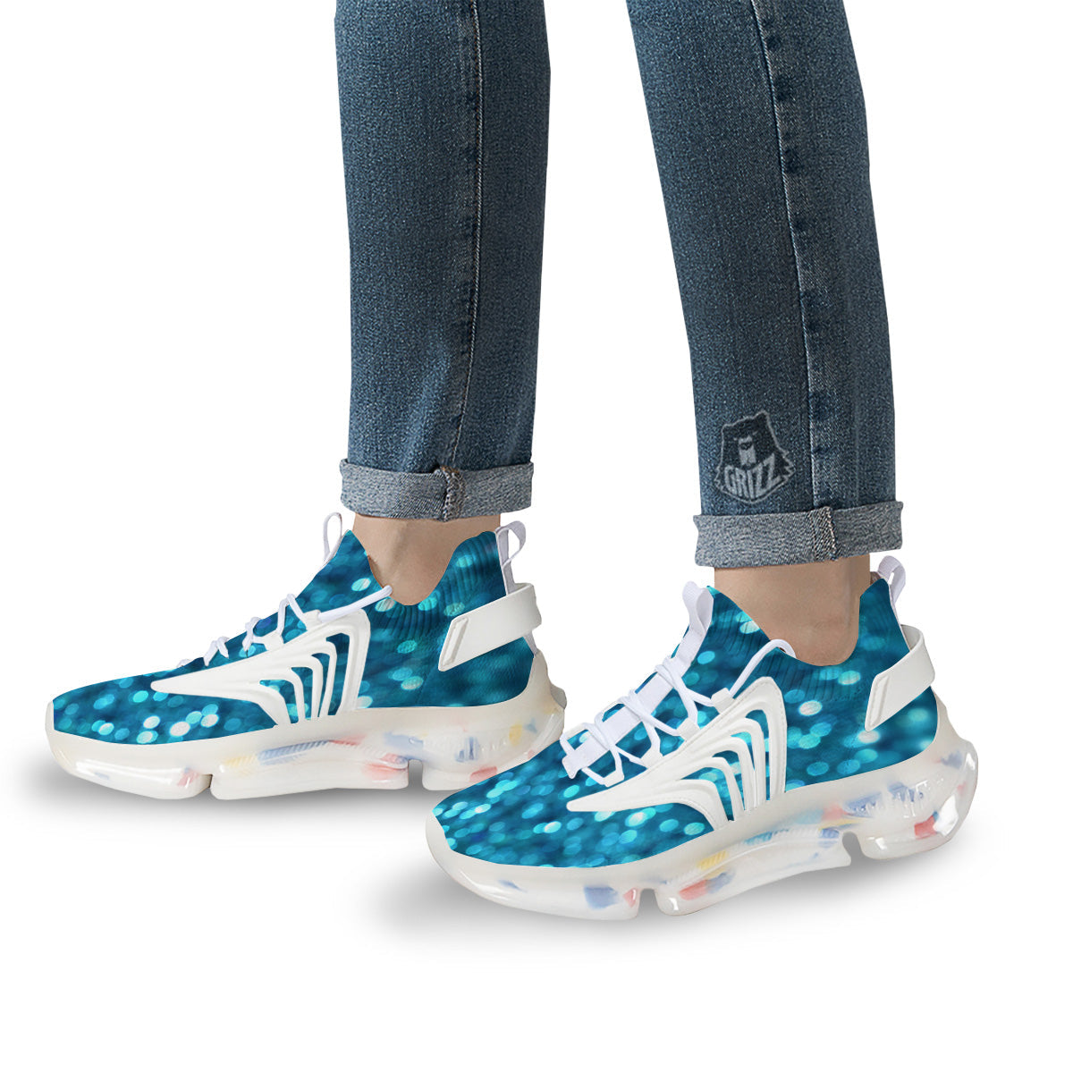 Light Blue Sparkle Print White Gym Shoes-grizzshop