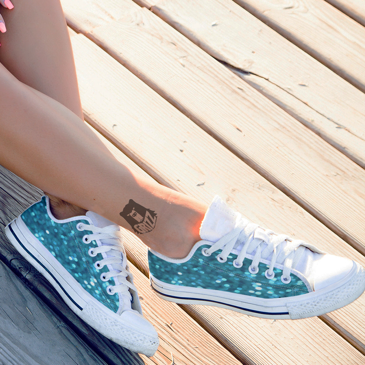 Light Blue Sparkle Print White Low Top Shoes-grizzshop