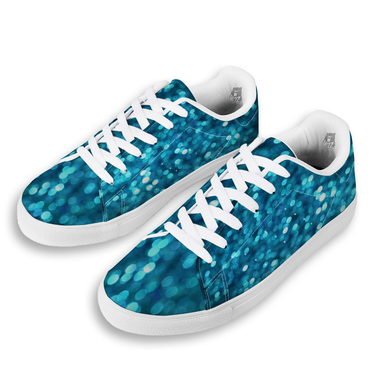 Light Blue Sparkle Print White Low Top Sneakers-grizzshop