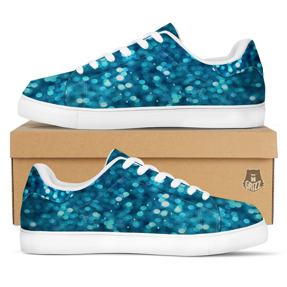 Light Blue Sparkle Print White Low Top Sneakers-grizzshop