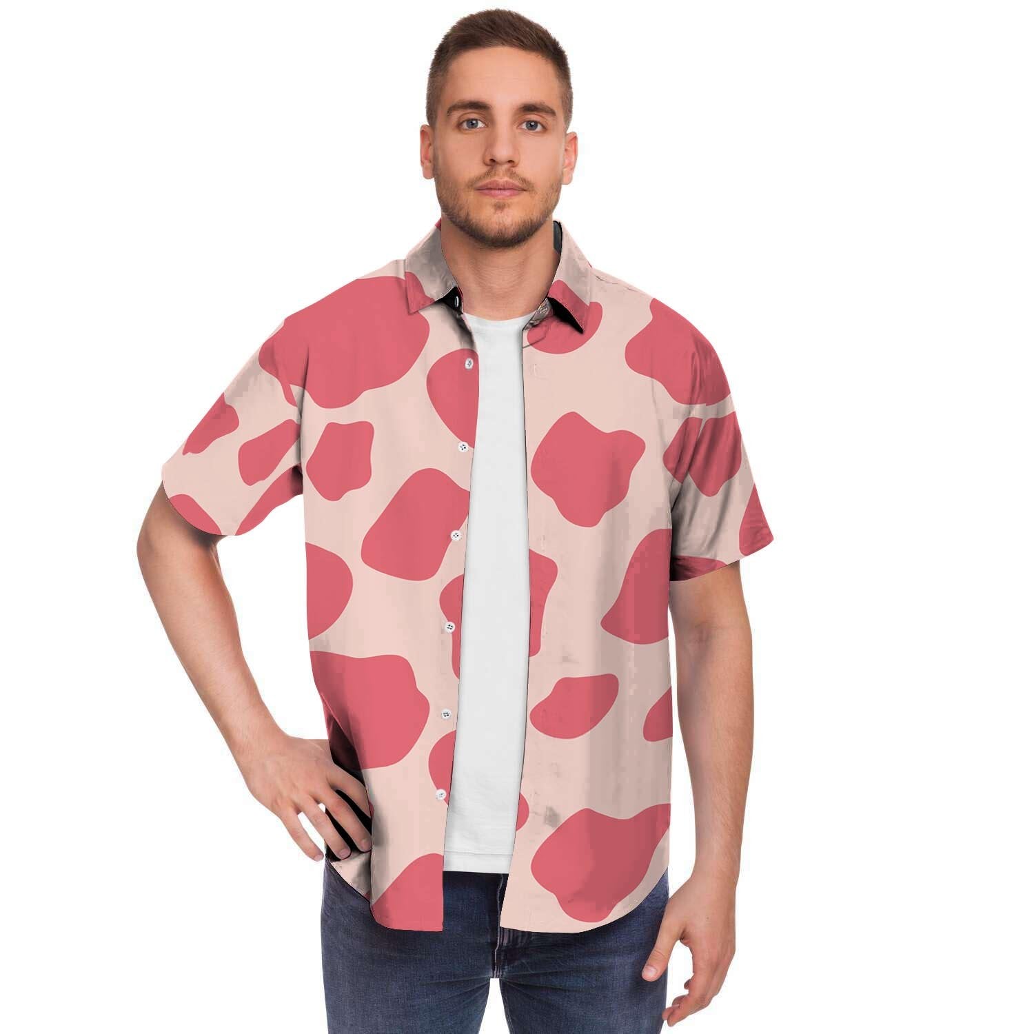 Light Pink Cow Print Men's Short Sleeve Shirt-grizzshop